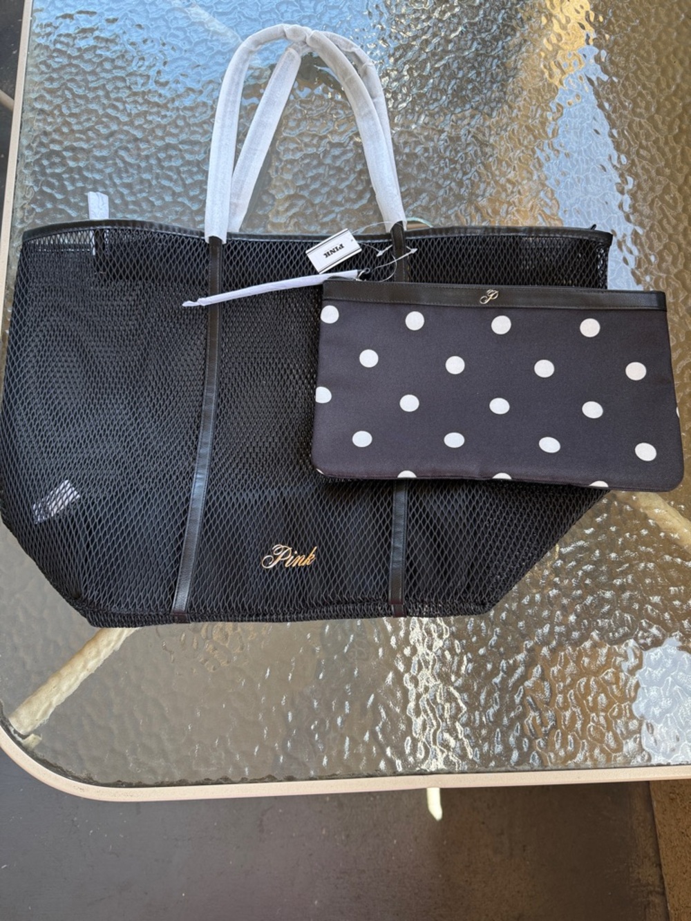 Victoria secret 2 pc Black mesh tote Bag & polka dots pouch